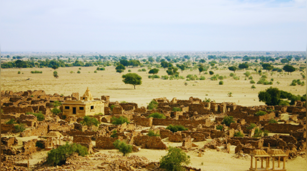 Overhead view of the abandoned village of Kuldhara in Rajasthan.