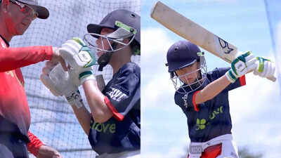 Fletcher Ponting mirroring his father's batting style in the nets.