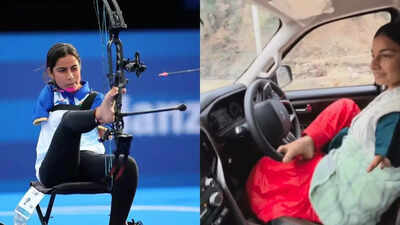Sheetal Devi skillfully drives a car using her feet.
