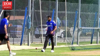 Jasprit Bumrah practices at the nets during Day 2 of India's training session.