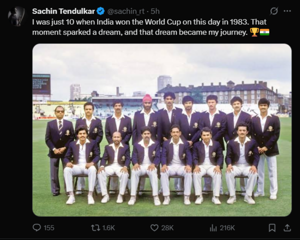 Sachin Tendulkar's heartfelt message about the 1983 World Cup victory.